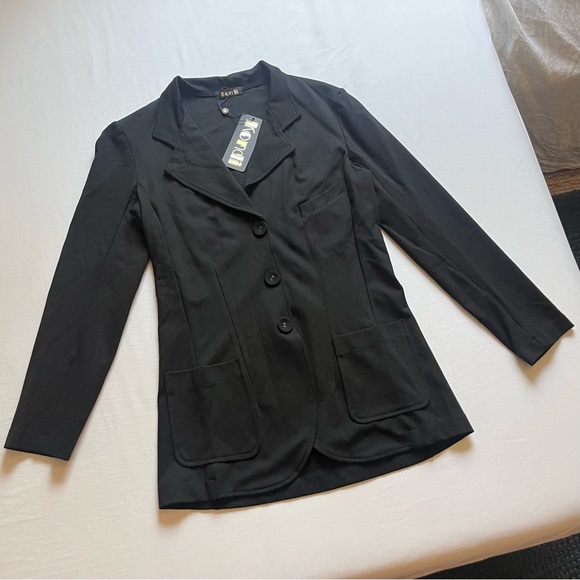 NWT SUZIE KONDI black knit ponte three button up long sleeve blazer jacket